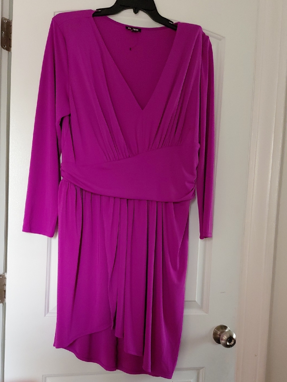 Express Long-Sleeve Faux-Wrap V-Neck Dress in Magenta